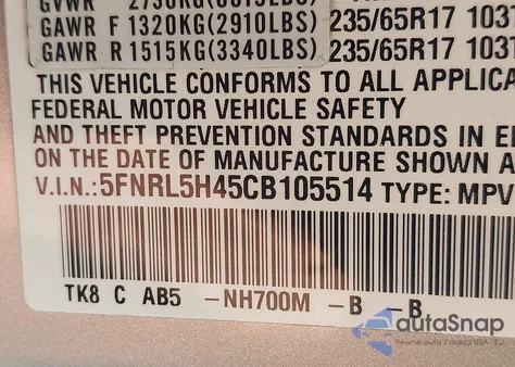 2012 Honda Odyssey Ex from USA, damaged, VIN 5FNRL5H45CB105514